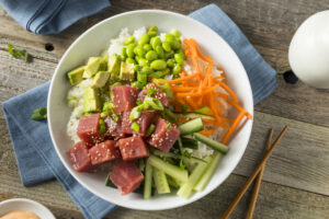 Raw Organic Ahi Tuna Poke Bowl with Rice and Veggies